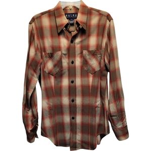 Ralph Lauren Women's Red and Brown Plaid Button Down Shirt - Size 10